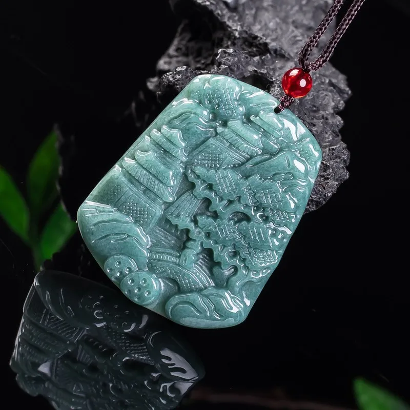 Colgante con motivos paisajísticos de jadeíta natural de calidad superior, de origen birmano, diseño unisex, se cree que atrae la riqueza y la buena suerte, y presenta una imagen.