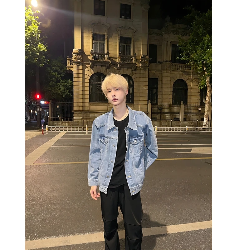 

Light Blue ort Padded oulder Men's Denim Jaet Spring Autumn American High Street Cleanfit High End Feeling Haome Jaet