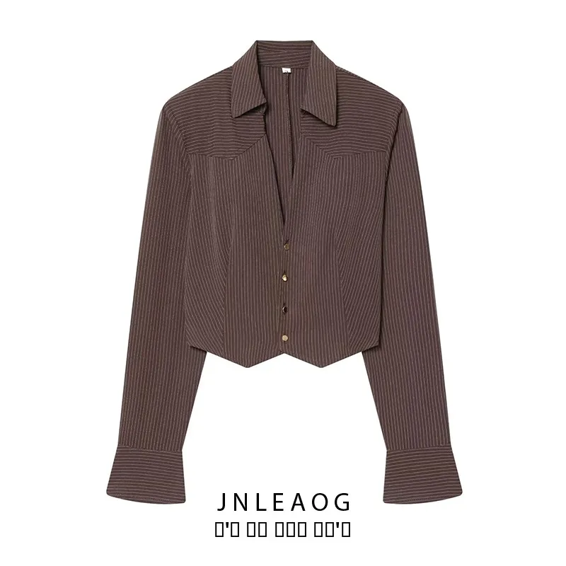 JNLEAOG Faionable ort Listrado oulder Pad irt para Mulheres Outono Novo Sle Loose Fit Longo Sve Fibra de Poliéster