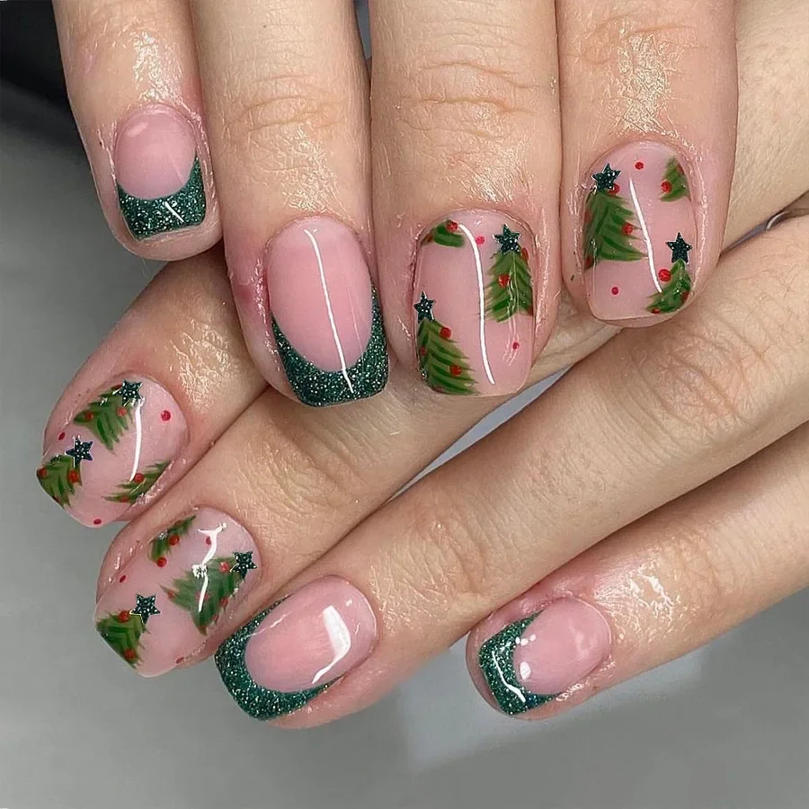 24Pcs Lovely Short Square Christmas Tree False Nail Art French Full Cover Acrylic Nails with Shimmery Powder Press on Nails Tips