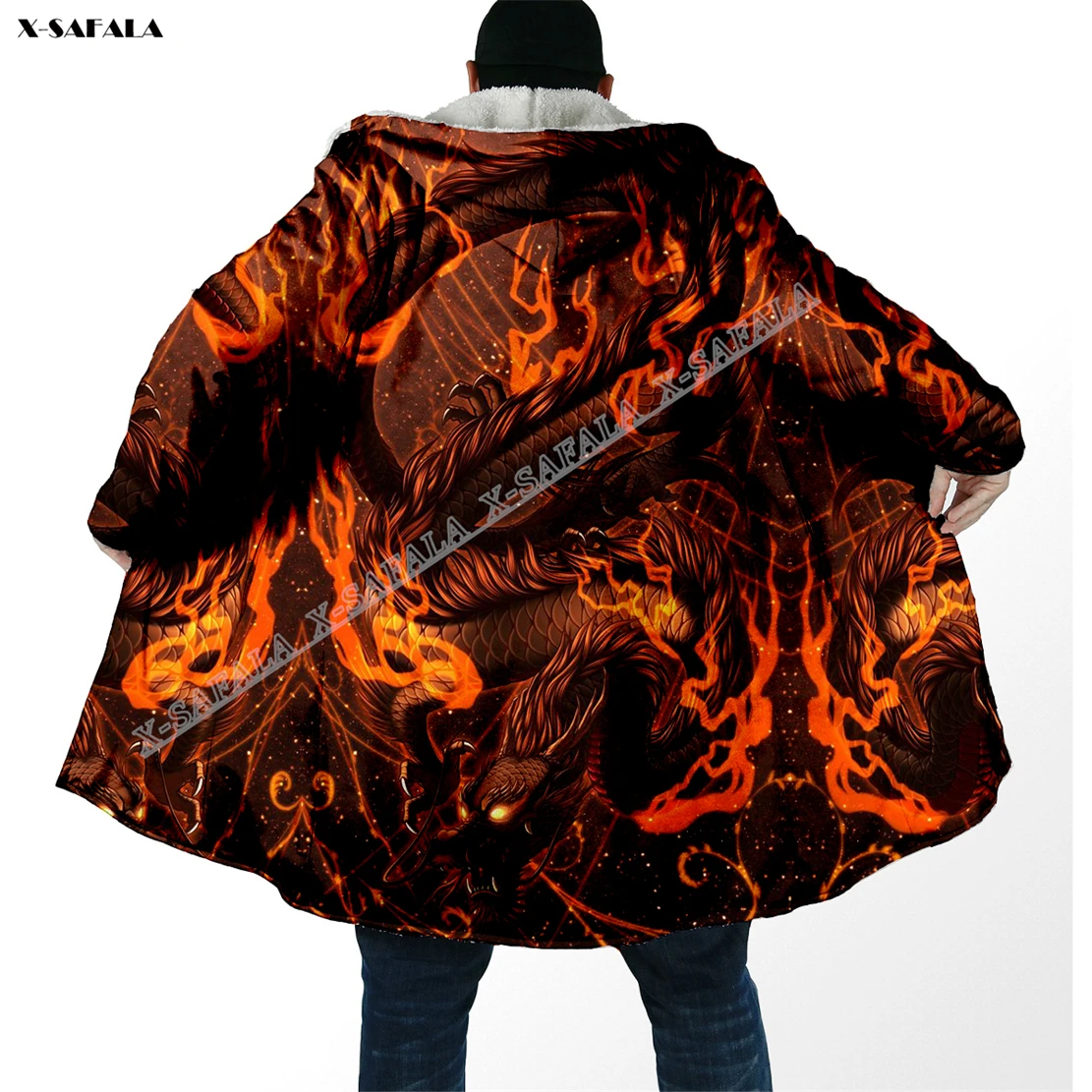 Chinese Art Fire Dragon 3D Printed Overcoat Hooded Blanket Coat Cape Robe Fleece Loose Men Female Cloak Windproof