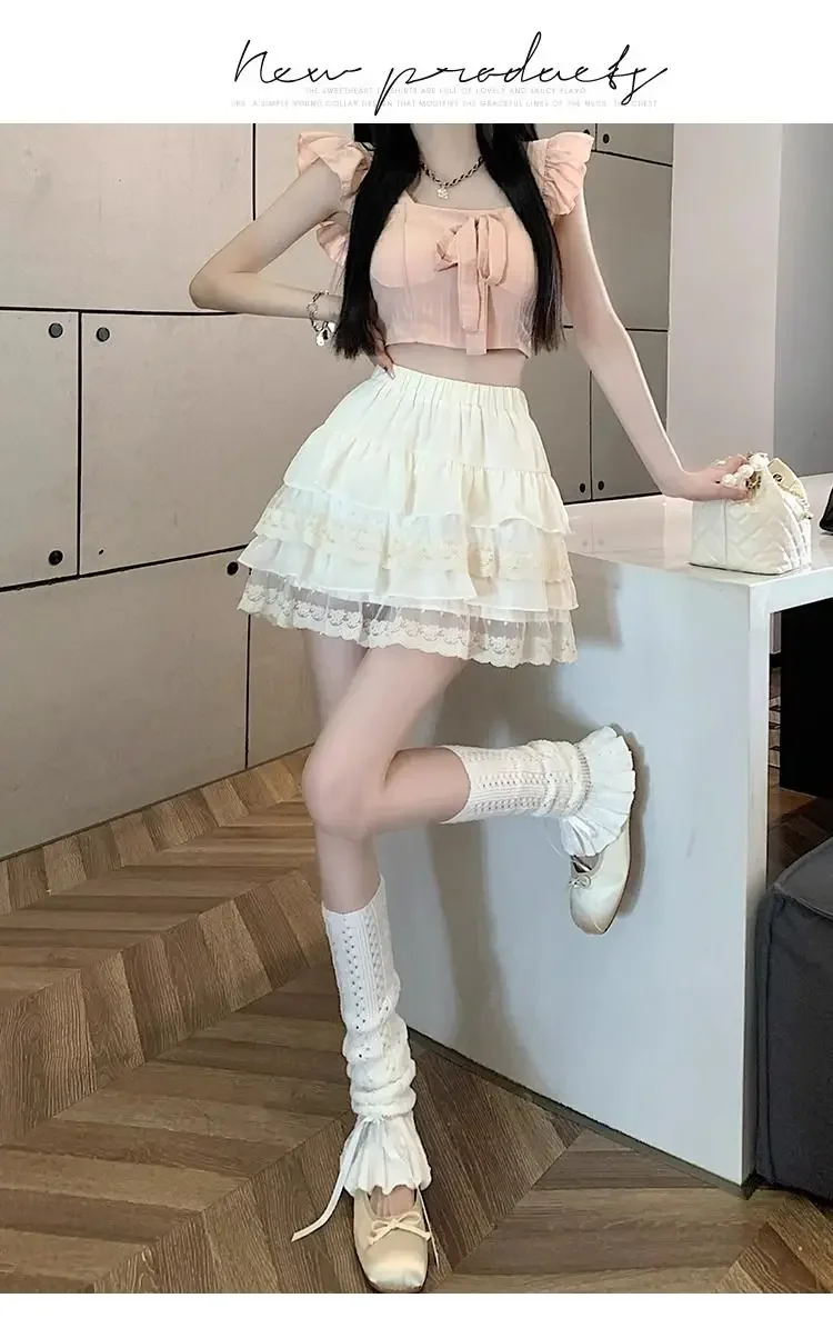 JOEVILU White Tutu Skirt A-line Elastic High Waist Mini Skirts Short Lace Cake Skirt Thin Summer Korean Fashion Goth Y2k Clothes