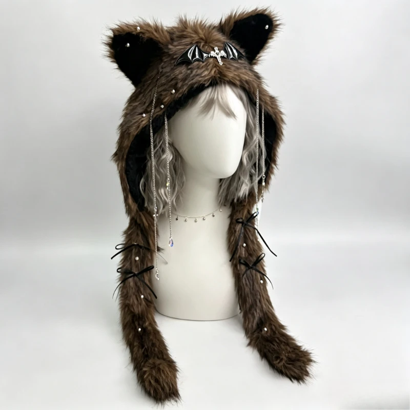 Goth Punk Alt Faux Fur Wolf Ear Hooded Scarf Hat Bat Pendant Chain Winter Plush Hat for Halloween Cosplay Harajuku Y2K Street