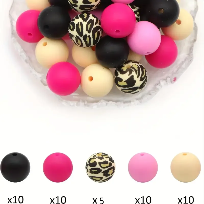 45pcs 15mm Leopard Print Silicone Beads Circular Loose Beads For Jewelry Making DIY Anti Drop Key Bag Chain Bracelet Handmade