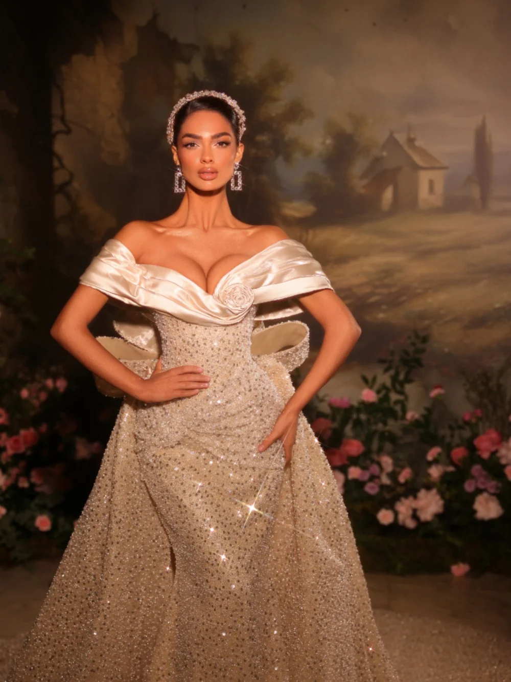 New Champagne Beaded Wedding Dress With Overskirt Glamorous Off Shoulder Bridal Gown 2026 Customized Gorgeous Dresses For Bride