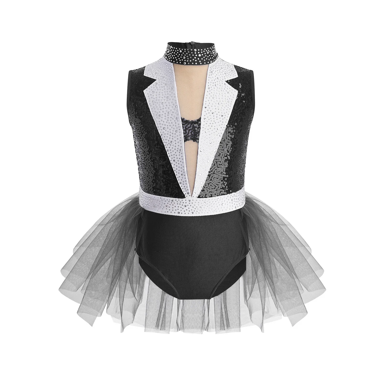 6-16Y Girls Ballet Dance Dress Jazz Dance Bodysuit Shiny Sequin Rhinestone Mesh Gymnastics Skating Leotard Tutu for School Party