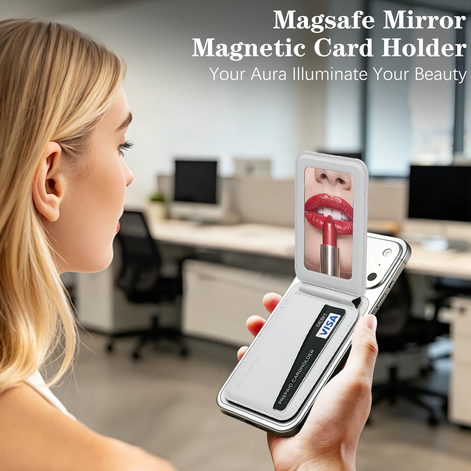 For Lady Magnetic Phone Back Pocket kickstand Pu Leather Card Holder Makeup Mirror Elastic Strap Ultra Slim Daily Use Wallet
