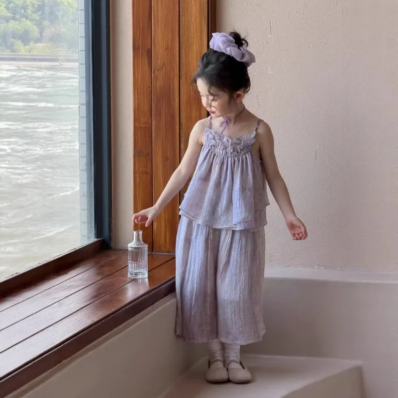 Korean Children Clothing Girl 2026 Summer New Set Doublelayer Strapless Suspender Skirt Pants Temperament Twopiece Set