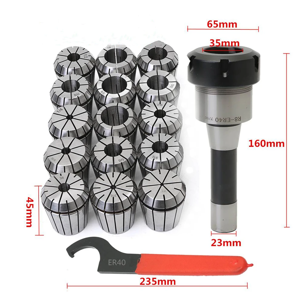 R8-ER40 Collet Chuck Set R8 Shank Collet Chuck Holder with 15Pcs ER40 Collets Spanner for Milling Machine CNC Lathe Tooling