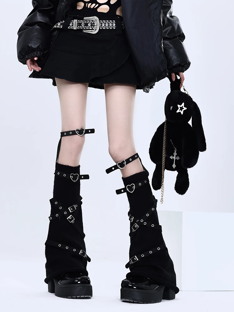 Dophee Original Y2k Love Metal Leather Buckle Foot Covers Subculture Punk Leg Ring Cross Knee Socks Women Leg Warmers 2024