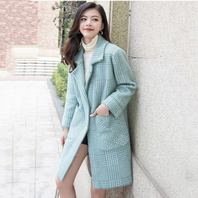 2023 New Autumn Winter Imitate Mink Velvet Woolen Jacket Women Mid Long Single-Breasted Coat Female Casual Overcoat Ladies Tops