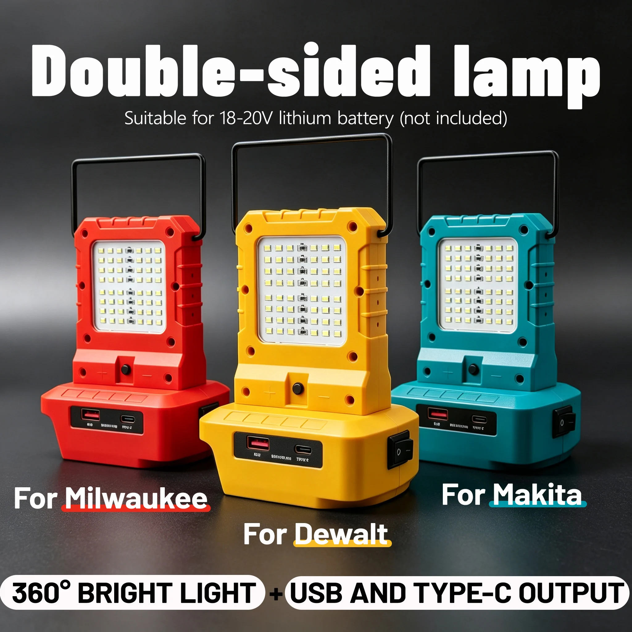 15W Cordless Portable Dual-Sided LED Work Light, Compatible for Makita/DeWalt/Milwaukee 18-20V Battery, USB & Type-C Output