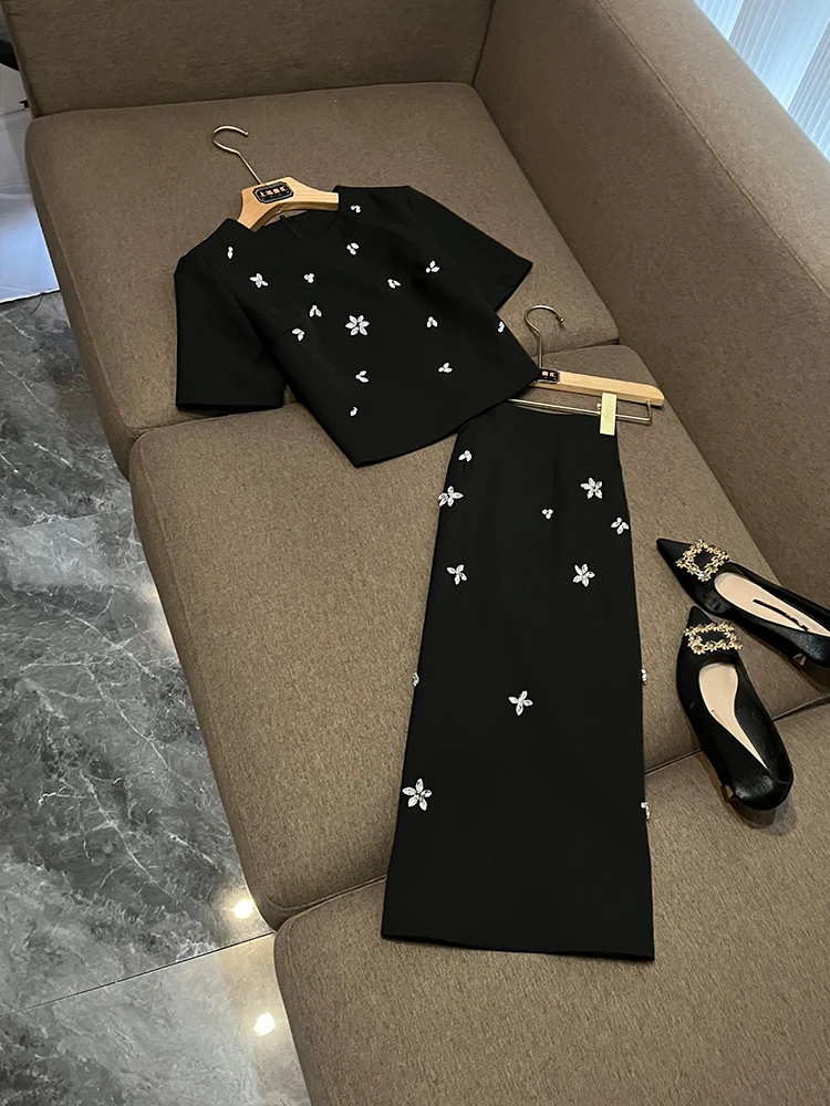 

Ele Two-Piece Set with Heavy Embelliment Diamond Insert f-Skirt Faionable Commute Sle ort Sve Floral Pattern