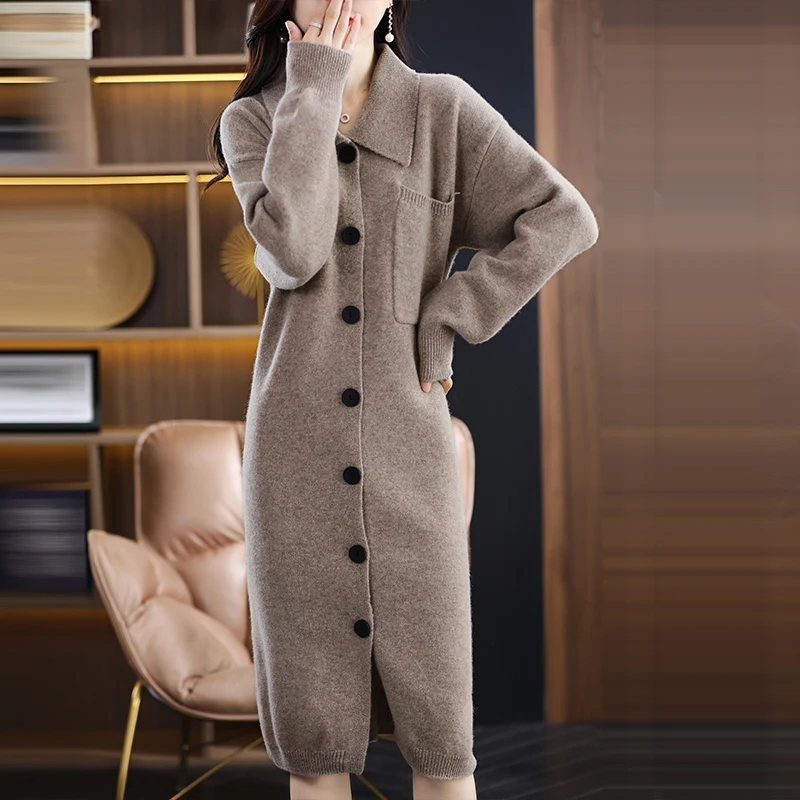 

Korean Loose Knitting 100% Cashmere Autumn And Winter Coat New Long Sleeve With Skirt Swetaer