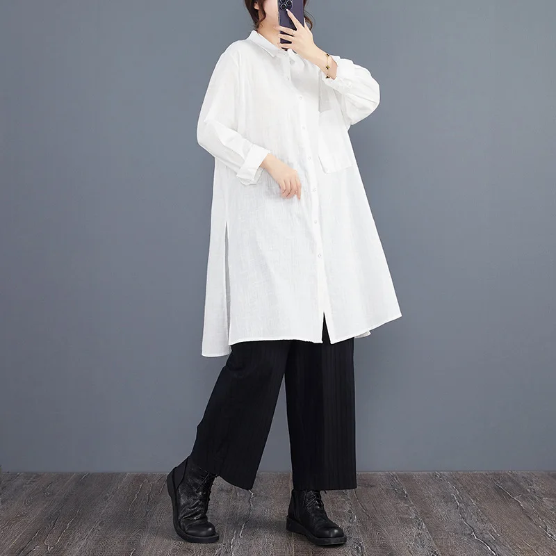 

Women Mid-length Cotton Linen Solid Color Long-sleeved Autumn Clothes Spring Autumn Button Splicing Cardigan Versatile Top