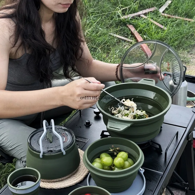Portable 304 Stainless Steel Camping Cookware Set Folding Outdoor Pot Kit for 3‑5 Persons Camping Hiking Picnic Cooking