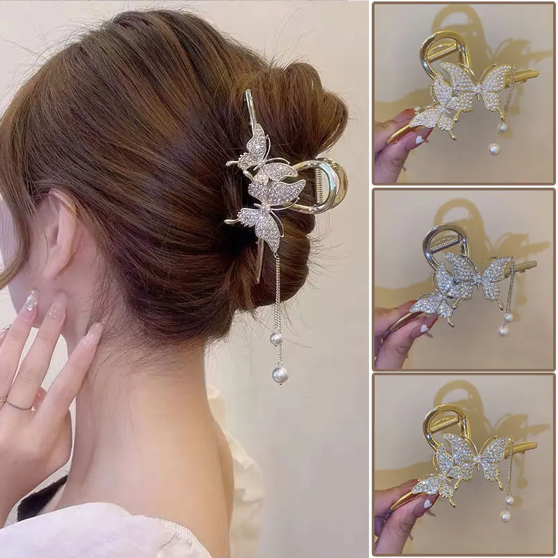 Butterfly Hair Claw Clip Clip Pearl Tassel Chain Hair Claw Rhinestone Clamp Fashion Women Girls Hairpin