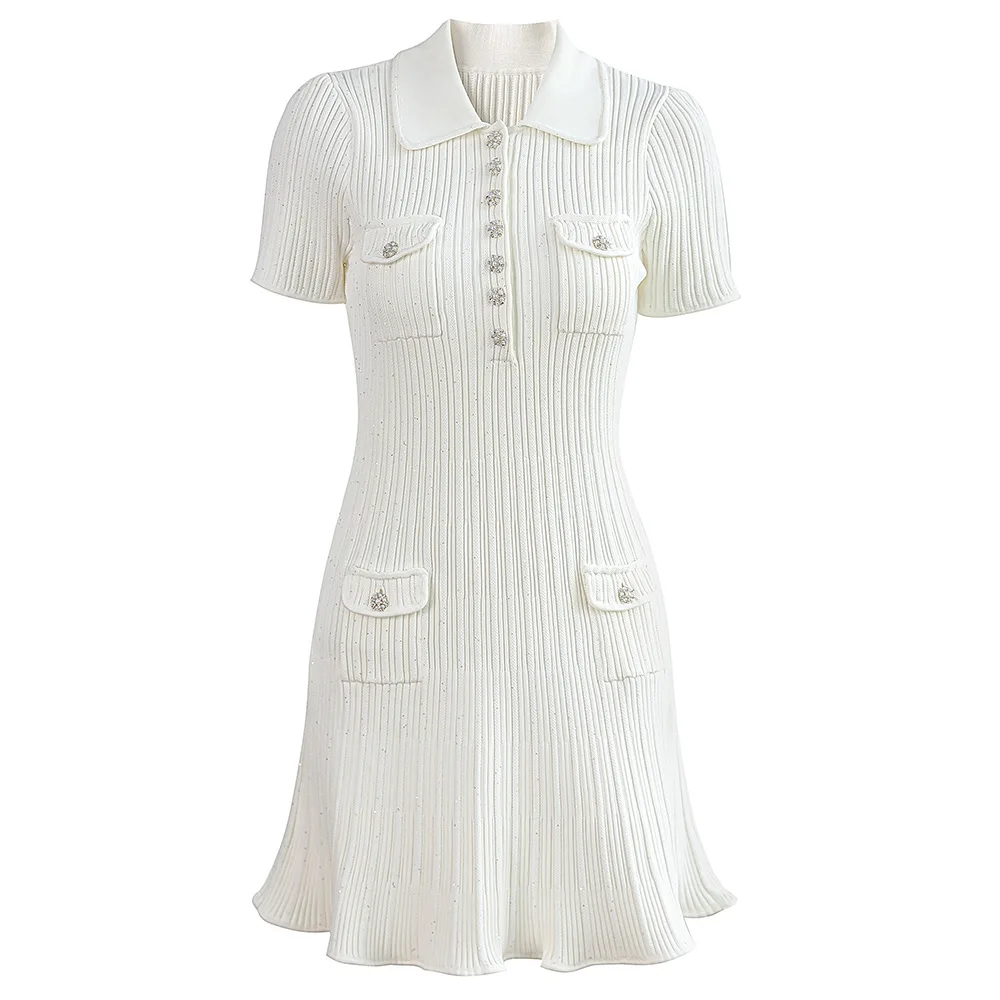 

Summer new white fashion POLO collar heavy industry short sleeve beaded knit pocket in short draw-ruffled skirt dress