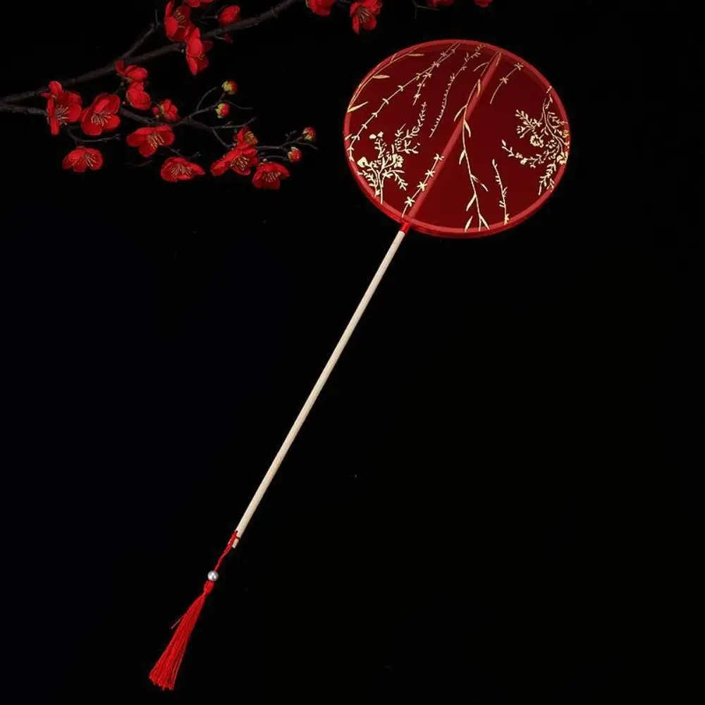 Chinese Style Chinese Style Round Fan Long Handle with Pendant Silk Fan Translucent Round Embroidery Fan Photography Prop