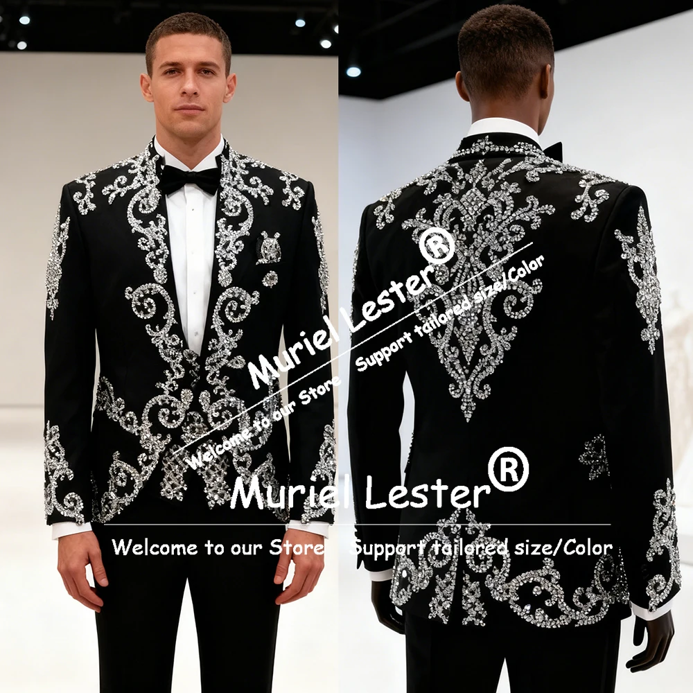 

Sparkling Beaded Crystals Men's Suit For Wedding Italian Design 3 Piece Set Groom Tuxedos Customized Prom Blazer Ternos Completo