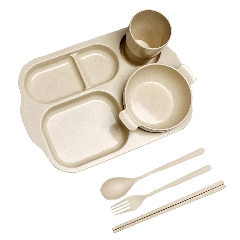 

6pcs /Set Wheat Straw Tableware Set Eco-Friendly Unbreakable Kids Dinnerware Lightweight Dishwasher Safe Includes Bowl