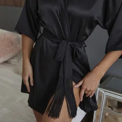 Peignoir kimono à demi-manches, mini robe noire sexy, vêtements de nuit en rayonne, chemise de nuit décontractée pour la maison, printemps et été