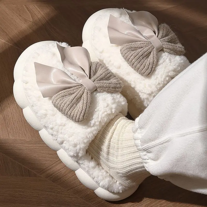 Cotton Bowknot Slippers Ladies Winter indoor Home Warm Fluffy Shoes Comfortable Slippers 3.5CM Thick Sole Antislip