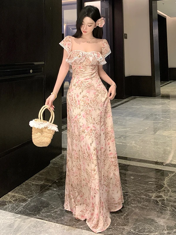 

Платье макси с цветочным принтом, открытыми плечами и рукавами-колокол, с открытой спиной, в стиле для летнего пляжного отдыха, женское платье