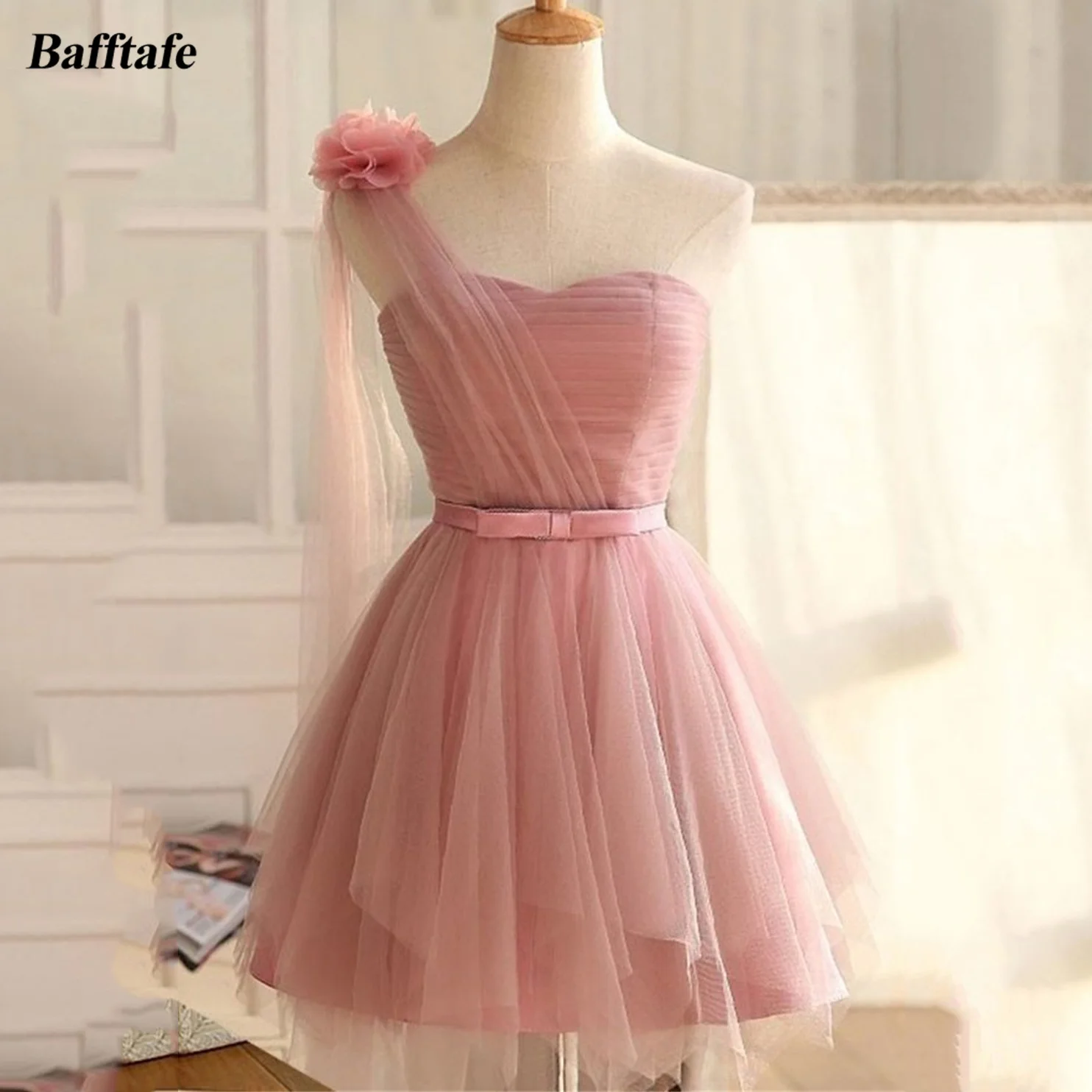 

Bafftafe A Line Short Prom Dresses Flower One Shoulder Corset Back Homecoming Dress Pleated Women Formal Birthday Party Dress