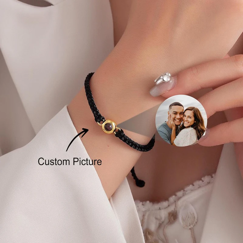 925 Silver Projection Bracelet Custom Photo S925 Sterling Silver Braided Projection Bracelet Couple Family Jewelry Memorial Gift