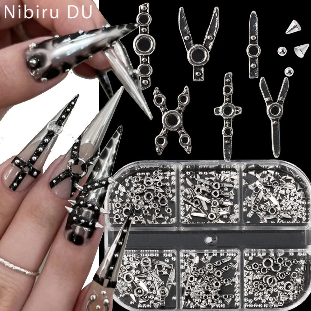 6Grids 3D Punk Style Halloween Nail Art GunBlack Cross Retro Zubehör Y2K Nieten Heavy Metal Dark Black DIY Nageldekorationen