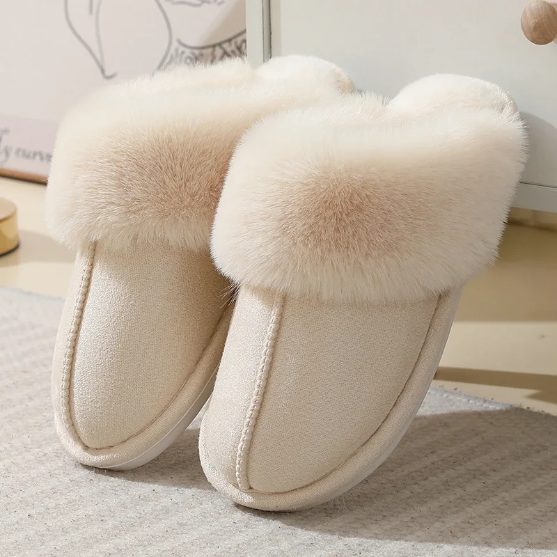 Popular Design Winter Faux Fur Slippers for Couples Warm Cozy Home Shoes Indoor Outdoor Non Slip House Cotton Slippers