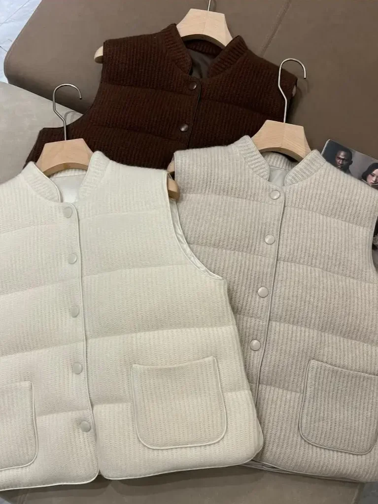 

Women Cashmere Goose Down Vest Autumn Winter Stand Collar Single Breasted Sleeveless Casual Ladies Coat