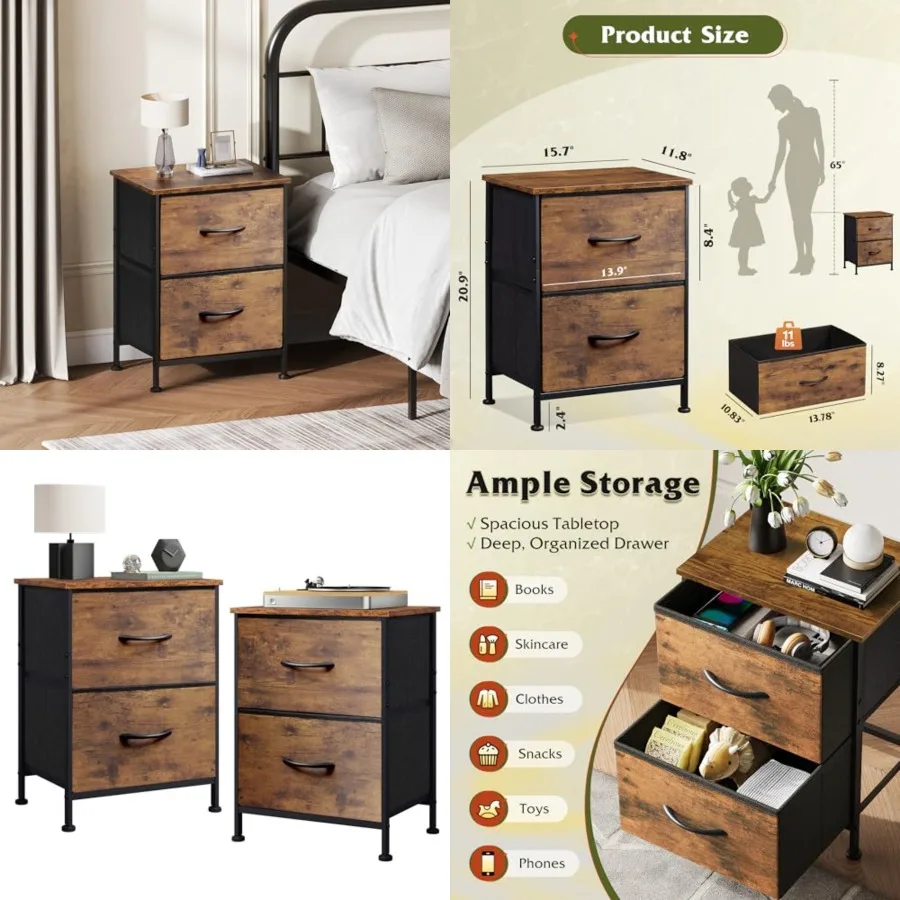 

Night Stand Set of 2, Small Dresser with 2 Drawers & Wooden Top, Nightstand with Fabric Bins, Bedside Table End Table for Bedroom, Closet, Entryway, College Dorm, Rustic Brown
