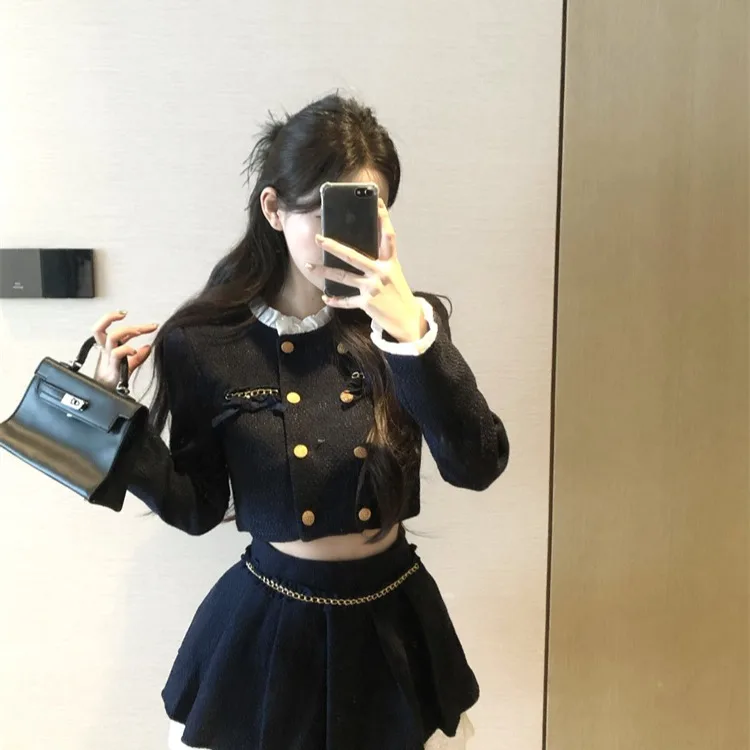 Autumn 2026 New Style Wood Grain  Stand Collar Little Fragrance Wind Coat High Waist Pleated  Skirt Short Set Women's...