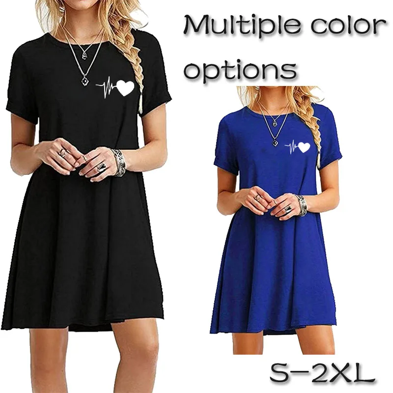 

Fashionable and casual women's shirt skirt, summer round neck short sleeved slim fit A-line beach vacation dress
