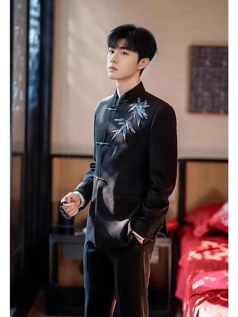 

Modern Chinese Sle Wedding Suit Men's Casual Western Coat Engagement Gift Performance Outerwear Long Sve Floral Pattern