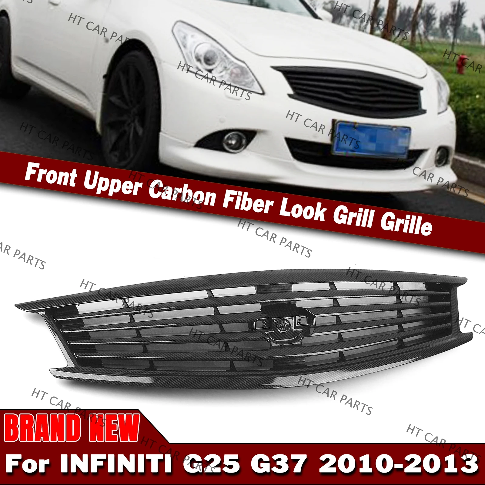 

For InfinitiG25G37 4Door Sedan 2010-2013 Infiniti Q40 4Door Sedan 2015 1x Black Carbon Fiber Front Bumper Honeycomb Upper Grille