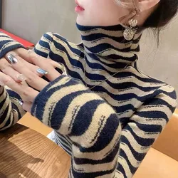 Women Zebra Stripes Knitted Jacquard Sweaters Casual Slim Turtleneck Fashion Pullover Top Spring Soft Vintage Knitwear