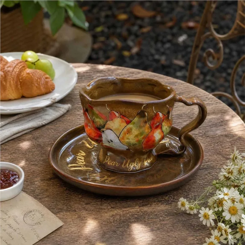 Hand Drawn Pear Pattern Design Coffee Cup With Plate Making Old Mug Ceramics Household Water Cup Office Afternoon Tea Cup ZJ231