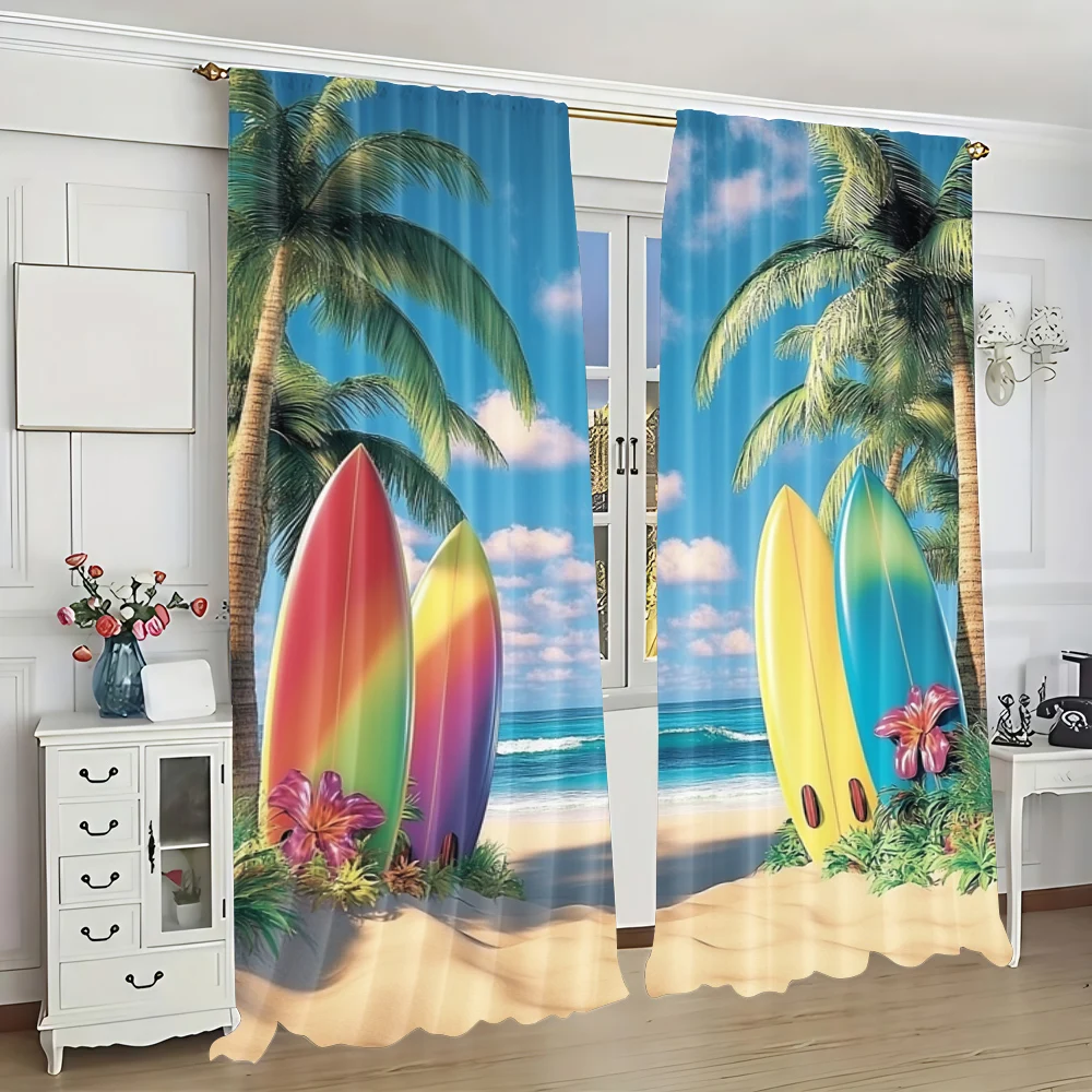 2Pcs Summer Beach Curtain Surfboard Surfs Up Seaside Tropical Island Curtain Sea Sky Sunshine Curtain Suitable For Bedroom And