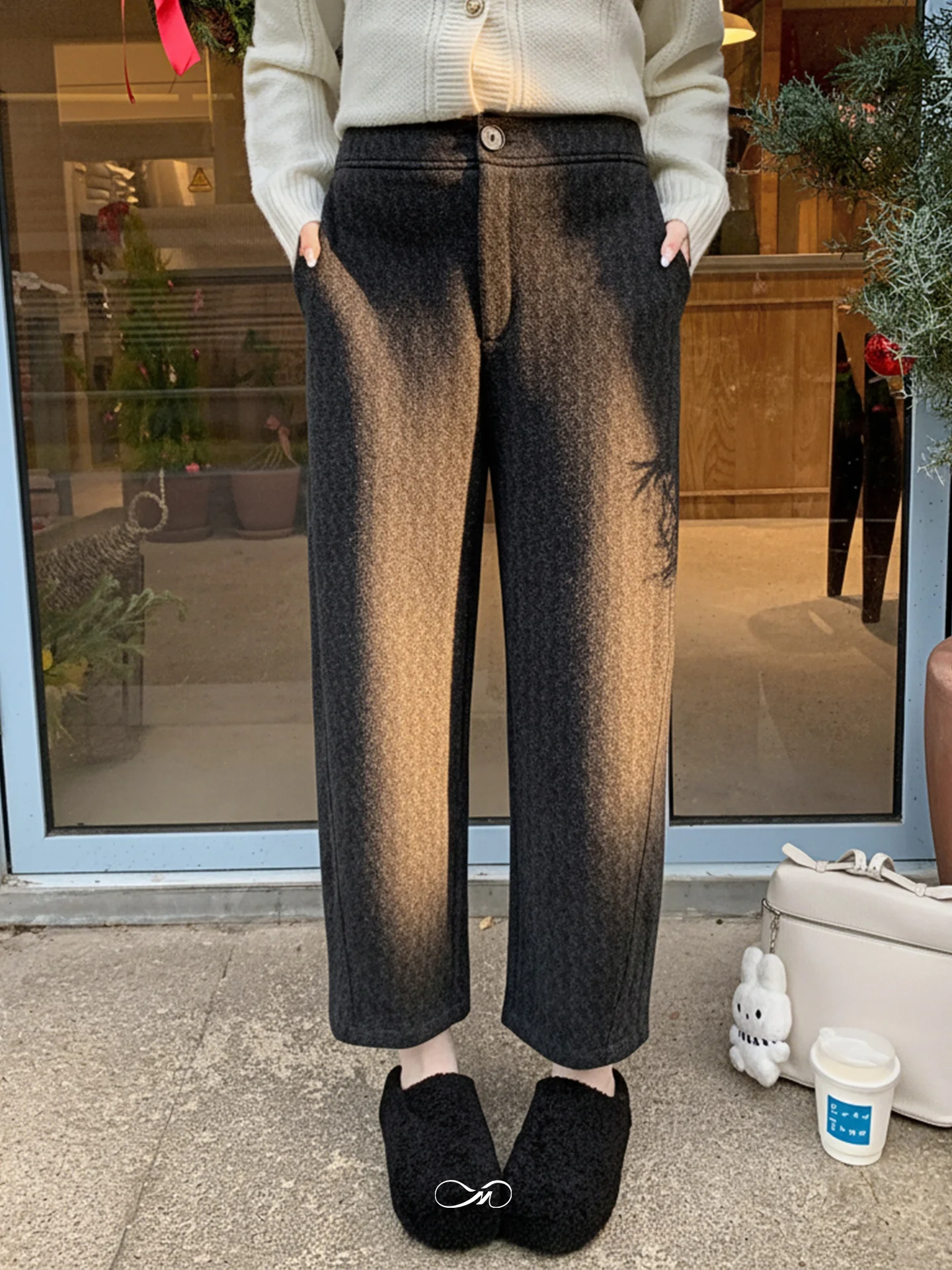 

plus Size Women's Casual Woolen Pants High Waist Straight Leg Nine-Tenths Length New Arrival Textured Design Winter Trousers