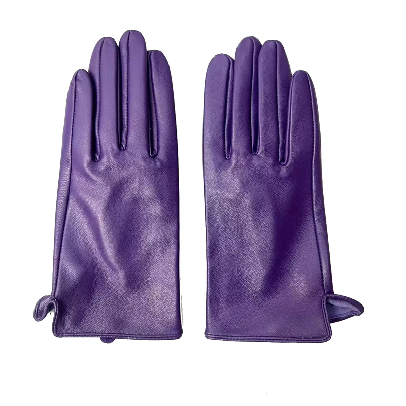 Purple Goatskin Gloves for Women Autumn Winter Vintage Ladies Real Leather Leisure Driving Outdoor Unlined Mittens Arm Warmer