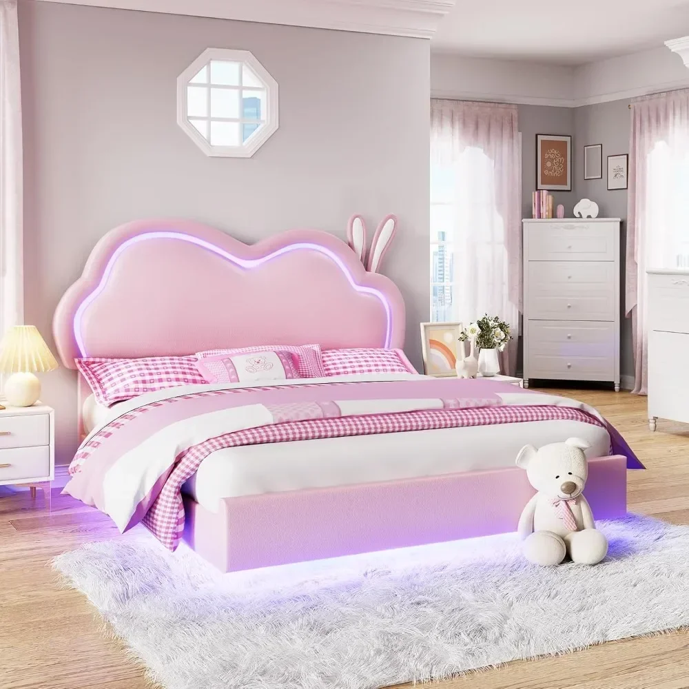 

Bed Frame for Girls Upholstered Floating Bed with Cute Cloud Headboard, No Box Spring Needed, Leather