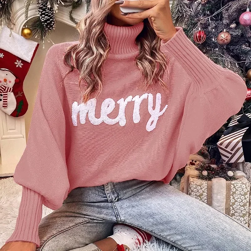Christmas Knitted Sweater for Women 2025 New Turtleneck Bat Sleeve Loose Pullover Red Merry Letter Embroidered High Neck Sweater