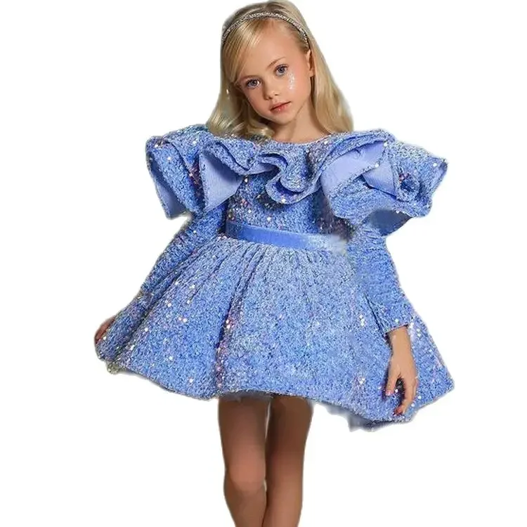 Blue Glitter Illusion Lush Girl Party Dresses Elegant Fluffy Girl Princess Dress Shiny luxurious Birthday Wedding Dress Girl