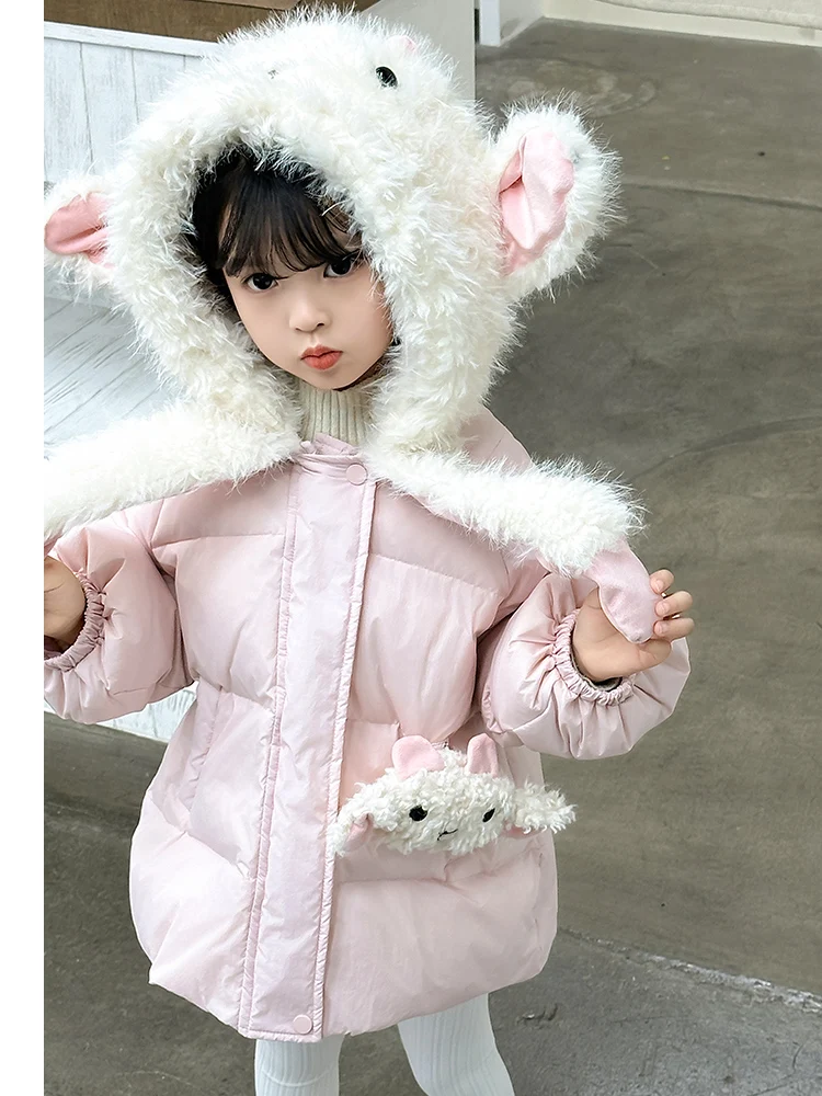 Sli Thiened White Du down Puffer Jaet for Girls Cute Windproof Warm Coat with Hat Children's Winter Clothes Kids Ou...