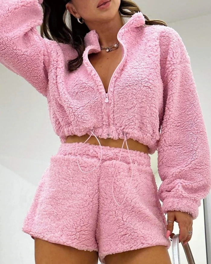 

Women's Fashion Casual Sports Set 2024 Autumn New Solid Color Zipper Drawstring Wool Coat High Waist Shorts Set