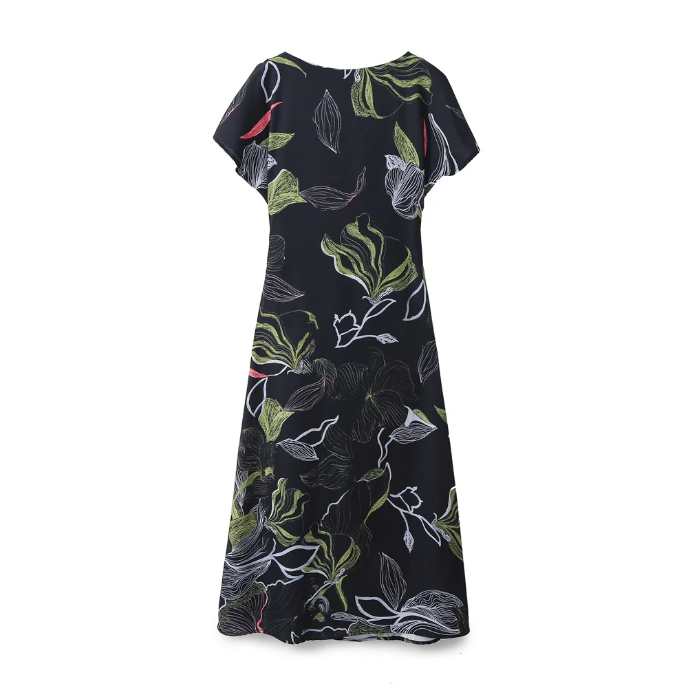 Vestido Midi de Satén de Seda con Estampado Moderno JNLEAOG, Estilo Urbano Otoñal, Manga Corta, Cuello en V, Falda en Línea A