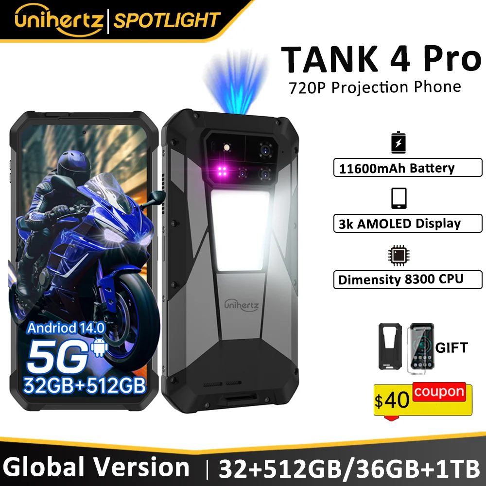 Unihertz by 8849 Tank 4 pro 5G Phone Built-in 720P Projector Dimensity 8300 16GB/18GB 3k AMOLED 11600mAh IP68/IP69